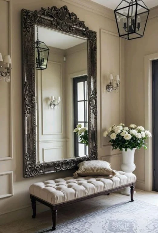 Entryway with an ornate mirror, tufted bench and fresh floral arrangement