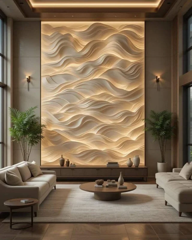 Living room centred on a large sculpted 3D wave wall panel with cove lighting